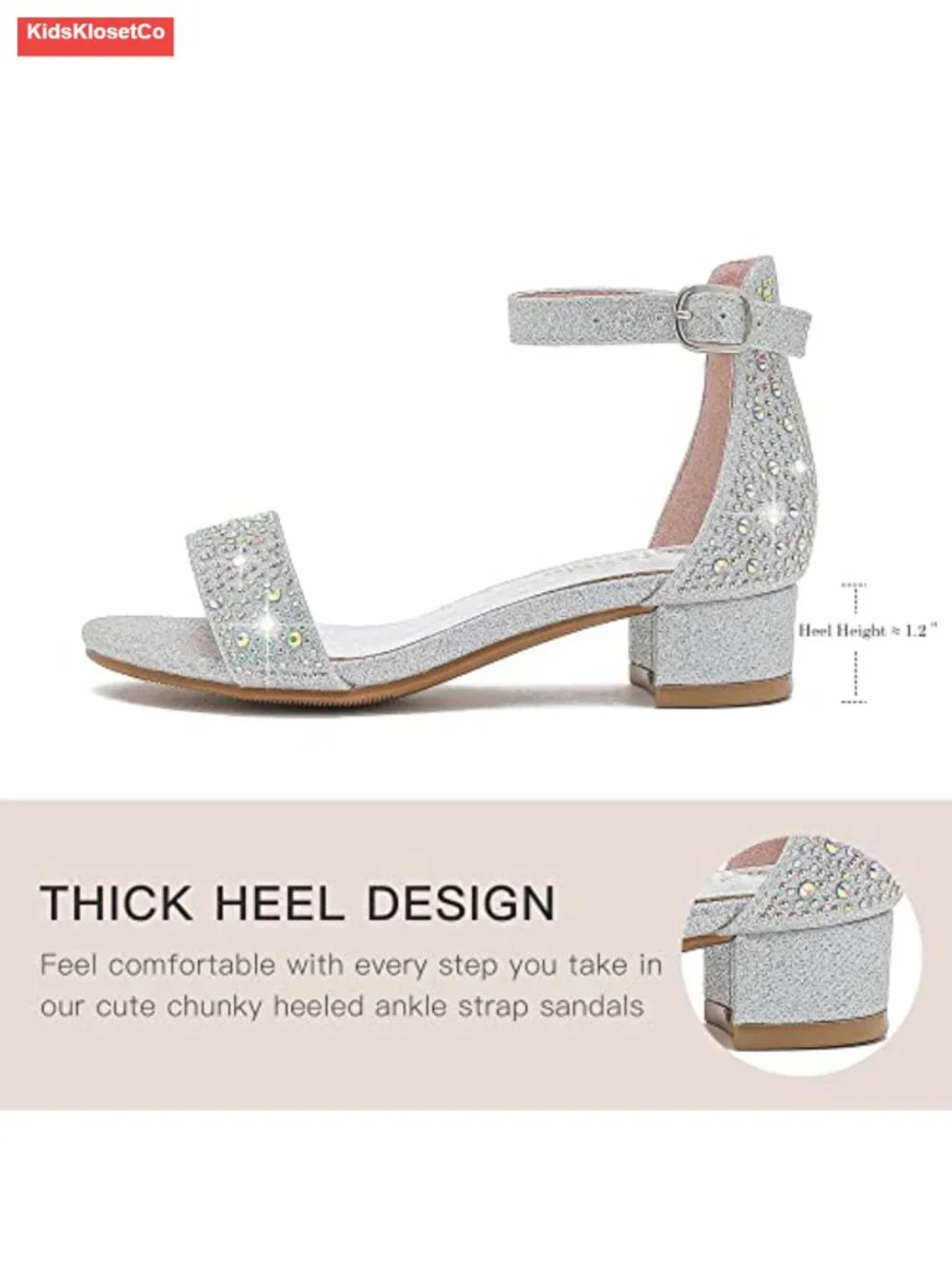 Girls Rhinestone Dress Sandals Low Block Heel Ankle Strap Flower Girl Wedding